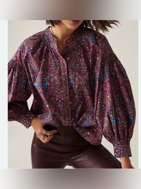 ba&sh Floral Rose Pink Boho Cotton Size 2 Balloon-Sleeve Blouse